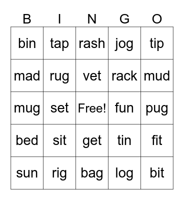 cvc words-mixed short vowels Bingo Card