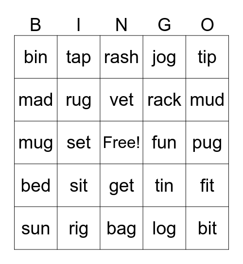 cvc words-mixed short vowels Bingo Card