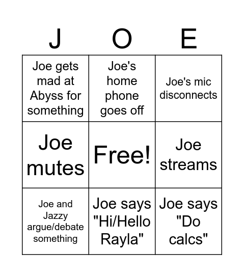 Joe Bingo (Don't tell Joe) Bingo Card