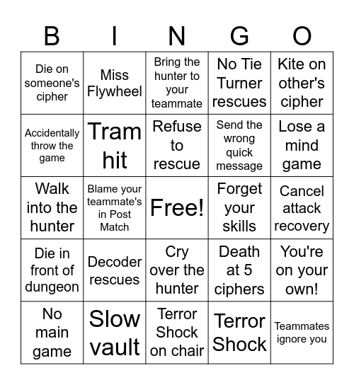 Identity V Survivor Rank Bingo Card