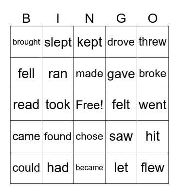 Irregular Past Tense Verbs Bingo Card