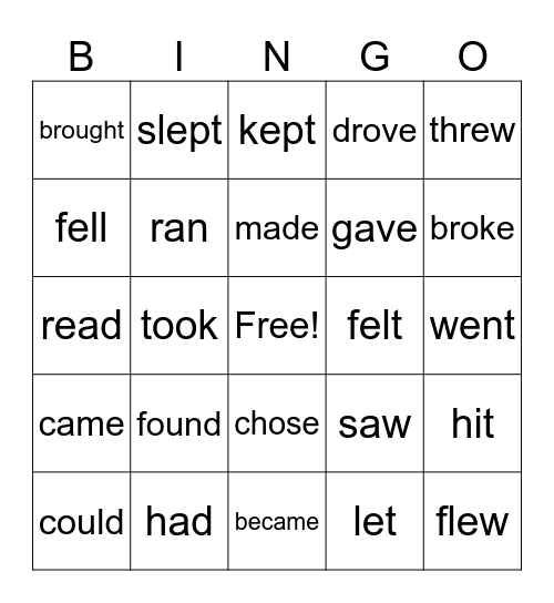 Irregular Past Tense Verbs Bingo Card