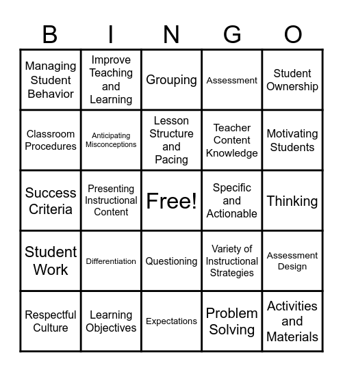 Rubric Bingo Card