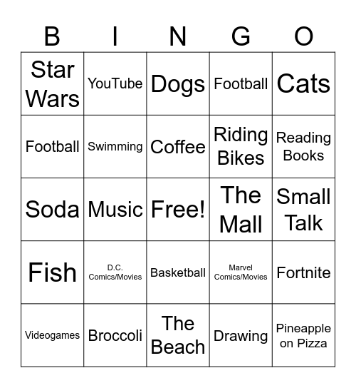 Interests BINGO Card