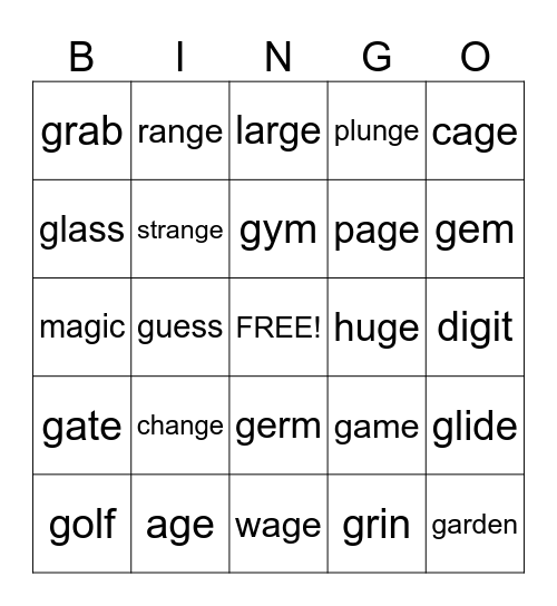 Hard G & Soft G Bingo Card