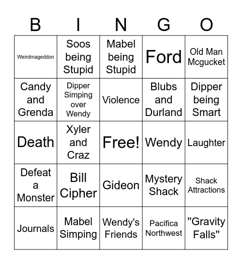 Gravity Falls Bingo Card