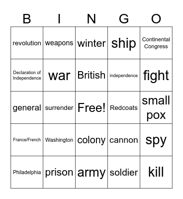 America: Story of Us Revolution Bingo Card