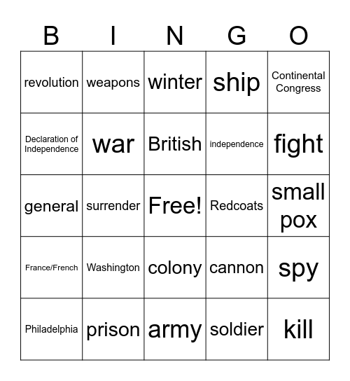 America: Story of Us Revolution Bingo Card