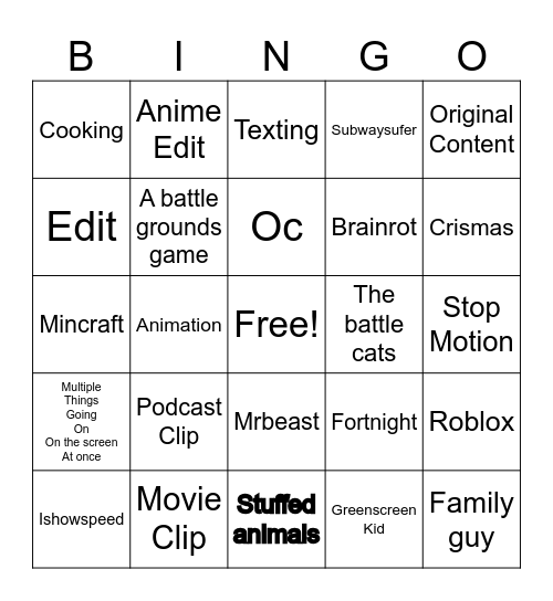 Youtube shorts Bingo Card