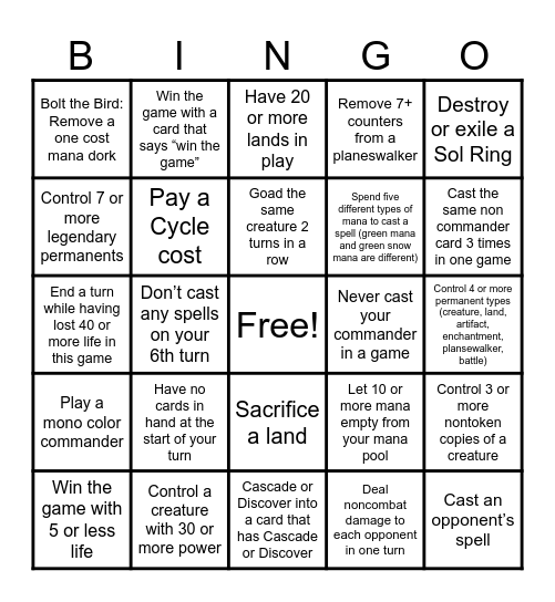 T3 Commander Bingo Card