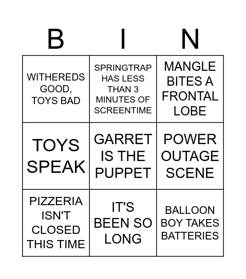 FNAF 2 MOVIE Bingo Card