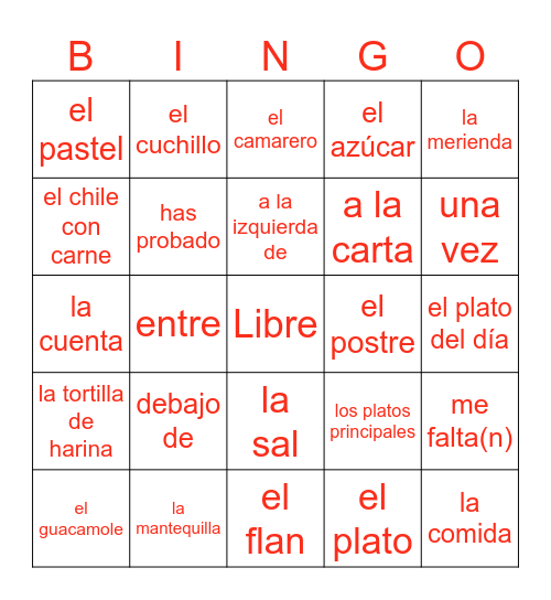 Los restaurantes Bingo Card