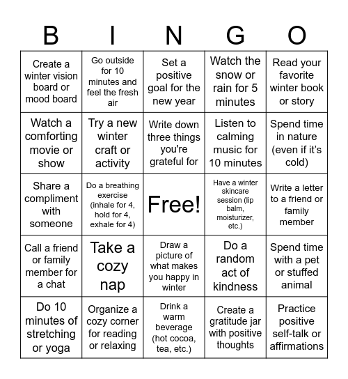 Winter Self Care Bingo Card