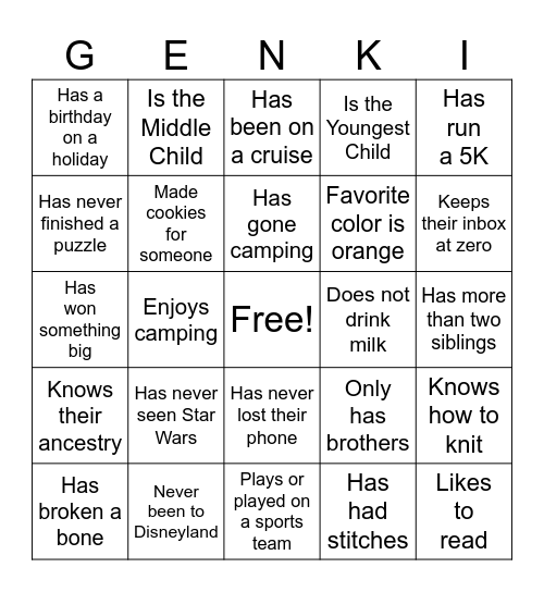 Get to Know You Bingo Card