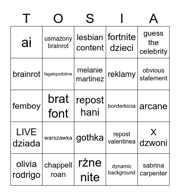 Tosia bingo Card