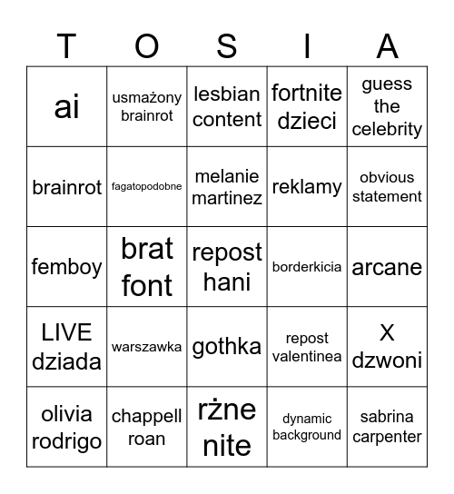 Tosia bingo Card