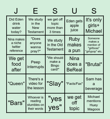 Bible Study Bingo Card
