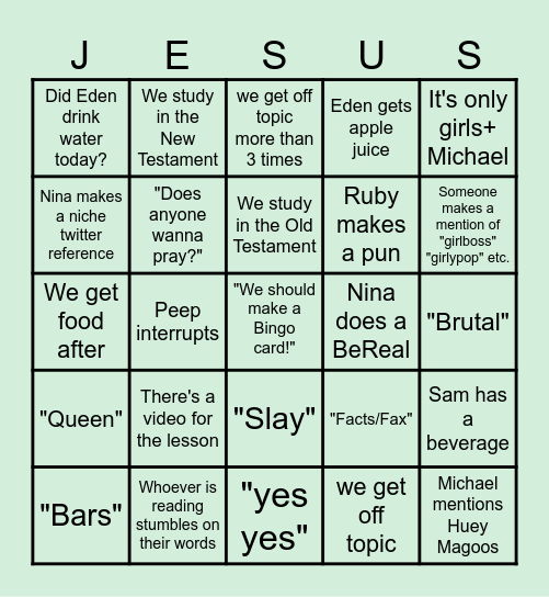 Bible Study Bingo Card
