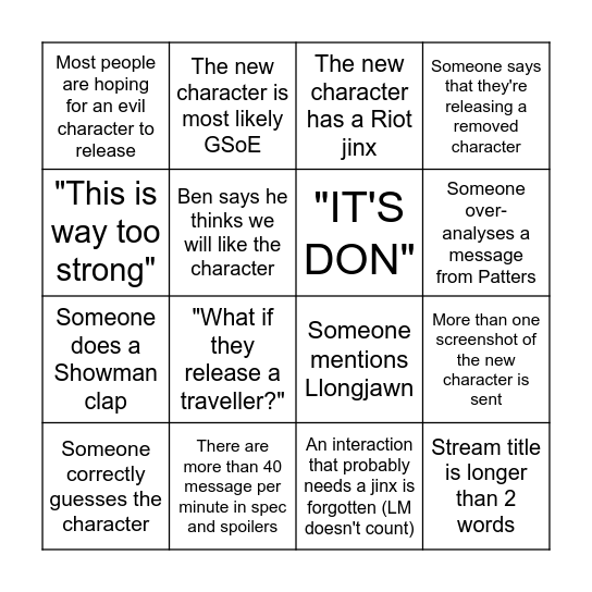 Character Release Bingo Card