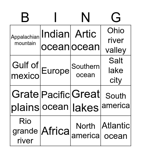 Geography bingo Card