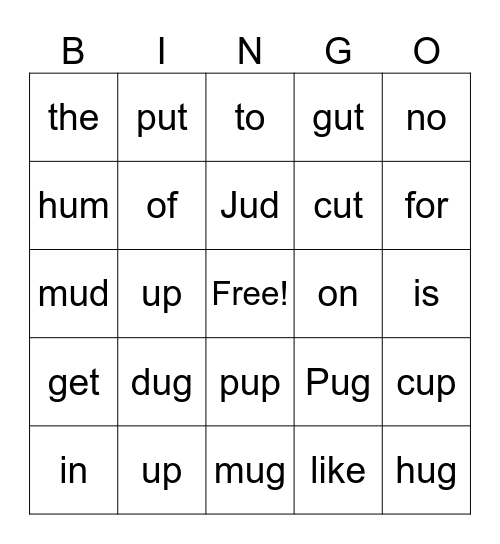 Short U + Red Words Bingo Card