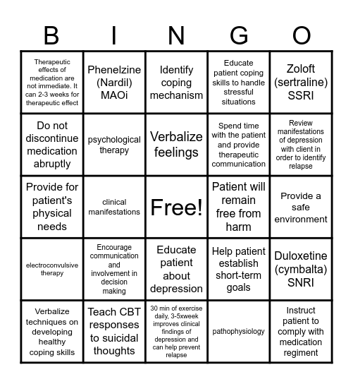 Depression Bingo Card