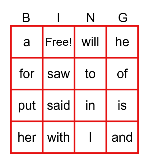 Blake's Sight Words Bingo Card