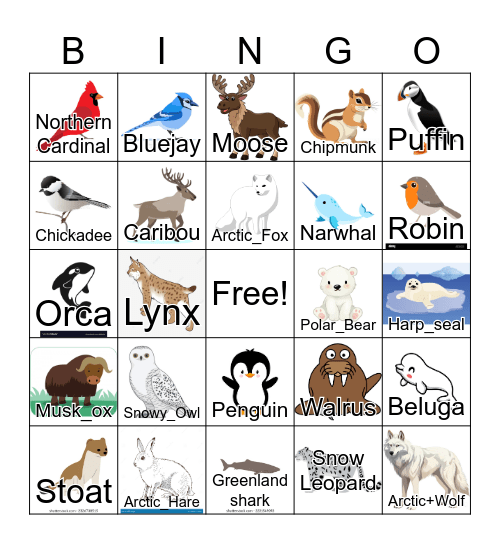 Winter Animals Bingo Card