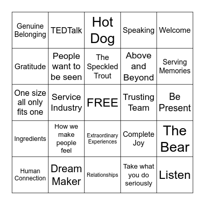 Unreasonable Hospitality Bingo Card