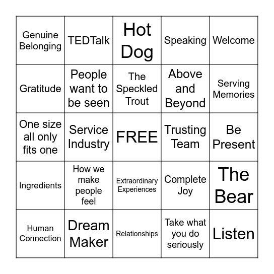 Unreasonable Hospitality Bingo Card