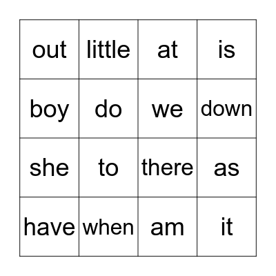 Sight Words Bingo Card