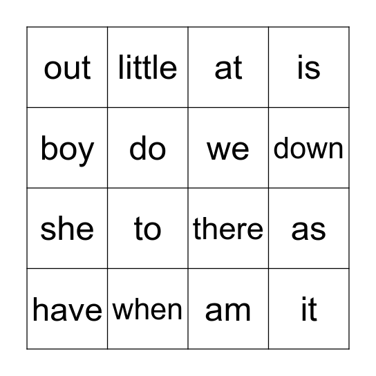 Sight Words Bingo Card