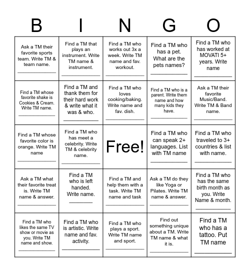 Team Member Bingo Card