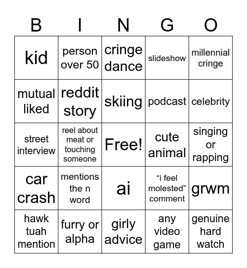 instagram reels bingo Card