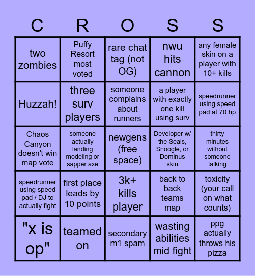 Crossovers Casual Card Bingo Card