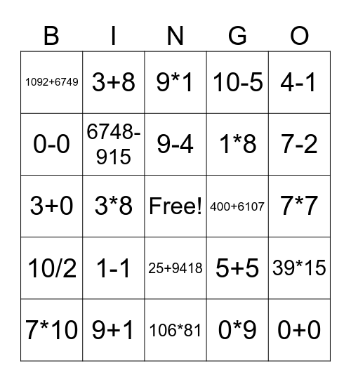 Arithmetic Review Bingo Card