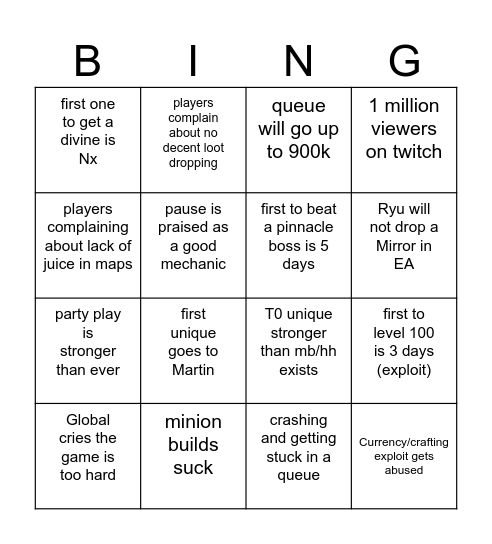 Ryu's PoE2 launch bingo card Bingo Card