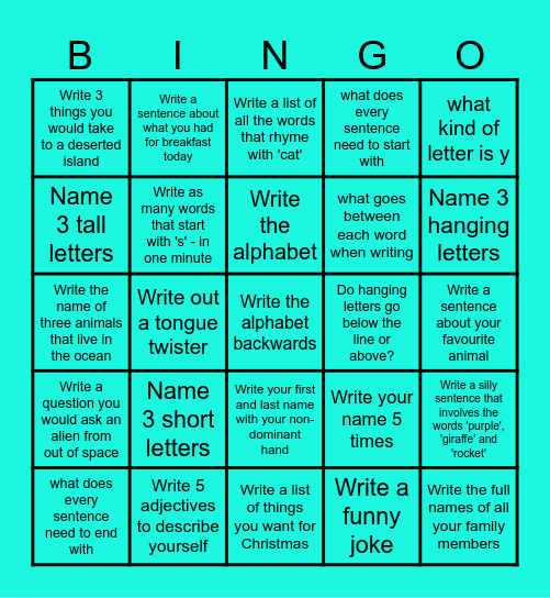 HANDWRITING BINGO Card