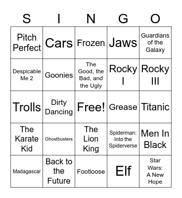 Movie Theme Singo Bingo Card