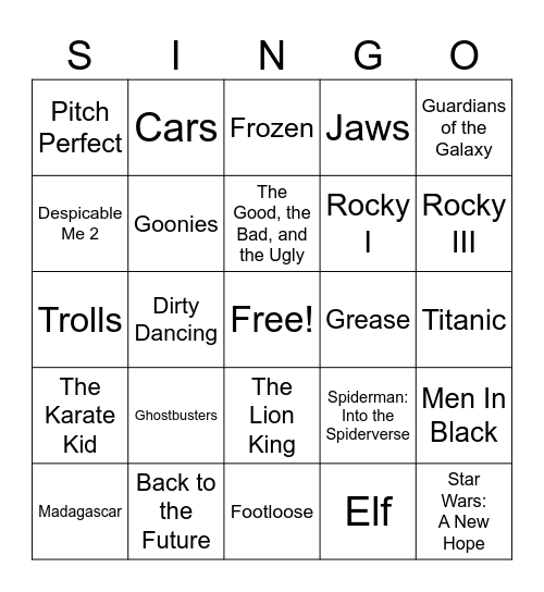 Movie Theme Singo Bingo Card