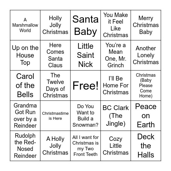 Holiday SINGO Bingo Card