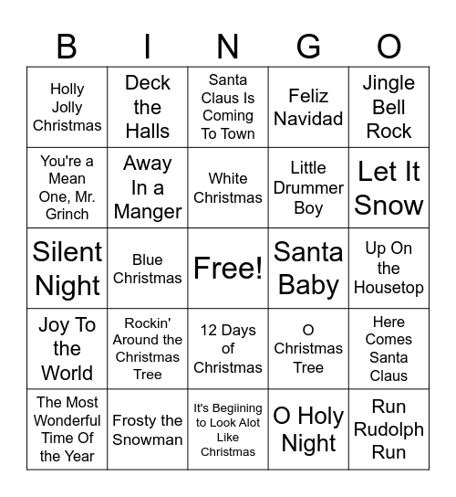 Christmas Songs Bingo Card