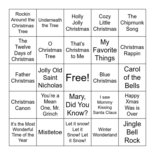 Holiday SINGO Bingo Card