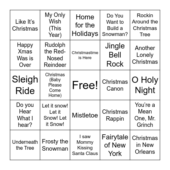 Holiday SINGO Bingo Card