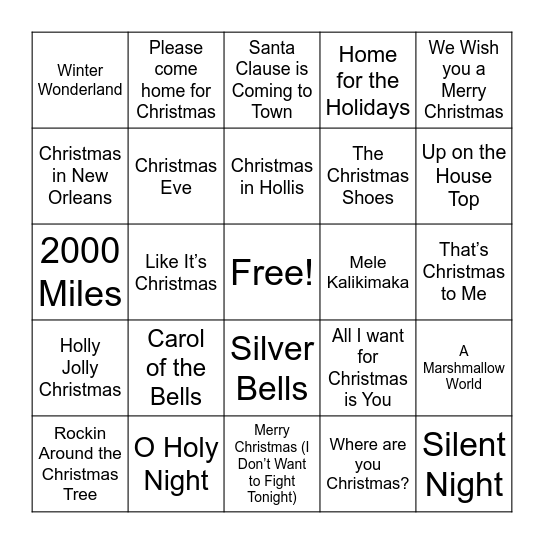 Holiday SINGO Bingo Card