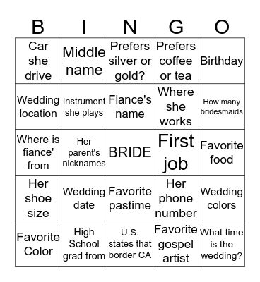 Traycee's Bridal Shower Bingo Card