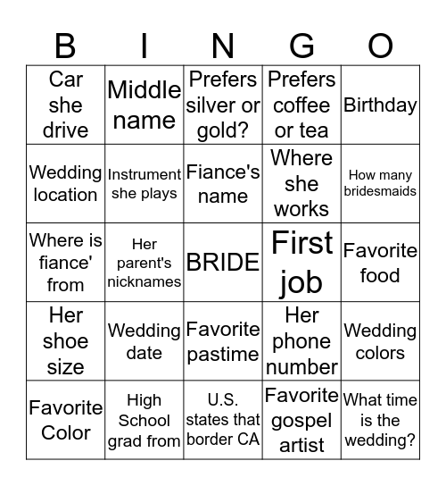 Traycee's Bridal Shower Bingo Card