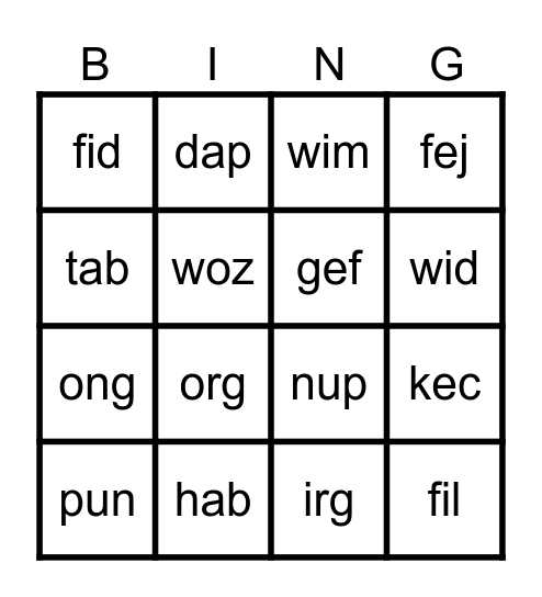 Nonsense Words 3 Letters Bingo Card