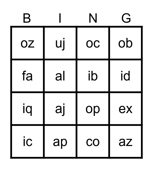 Nonsense Words 2 Letters Bingo Card