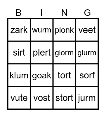 Nonsense Words 4-5 Letters Bingo Card